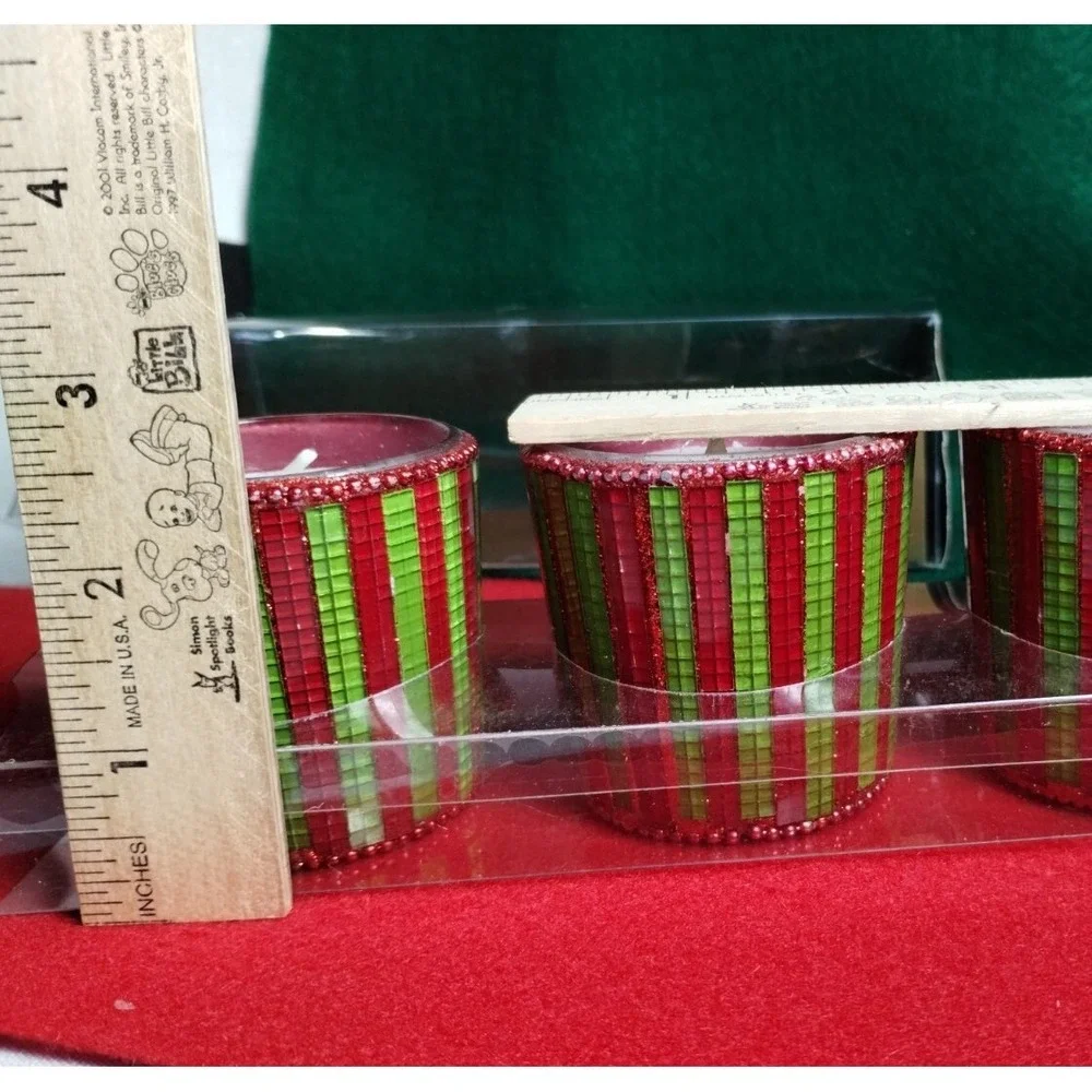 Pier 1 Imports Christmas Red & Green Mosaic Stripes Beaded Edge Votive Candles